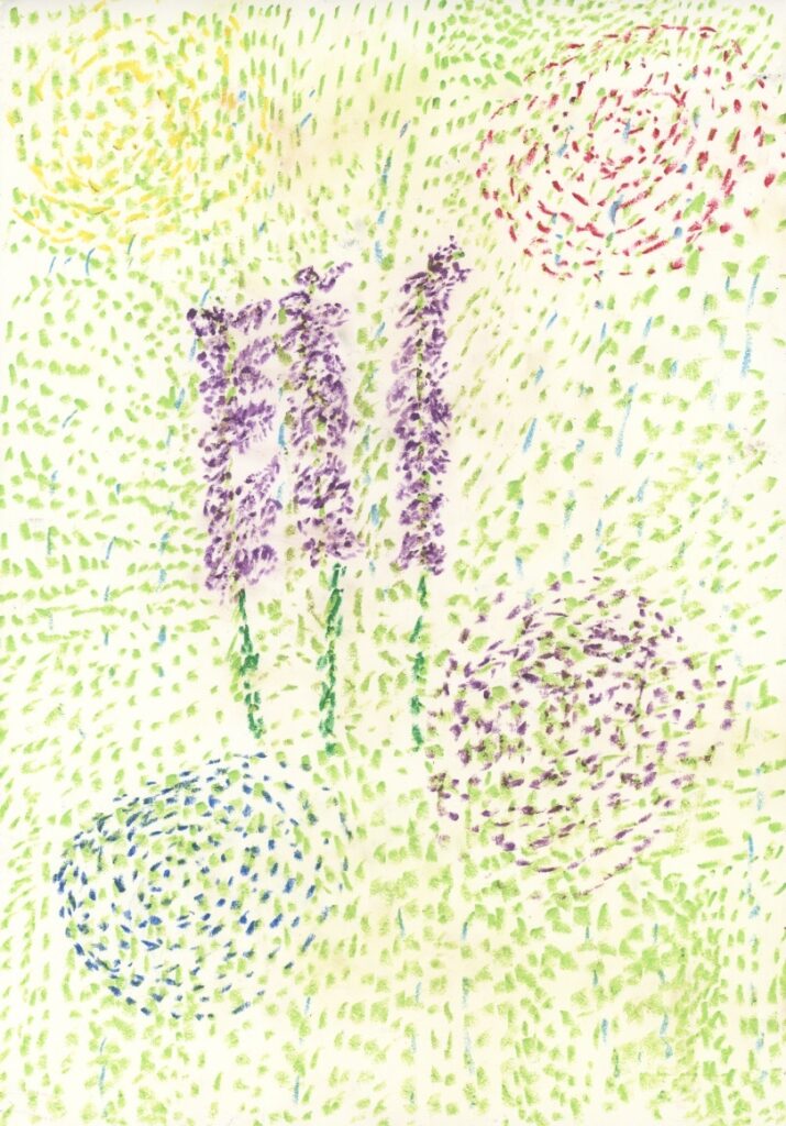 すずらんと花畑に雨がふる