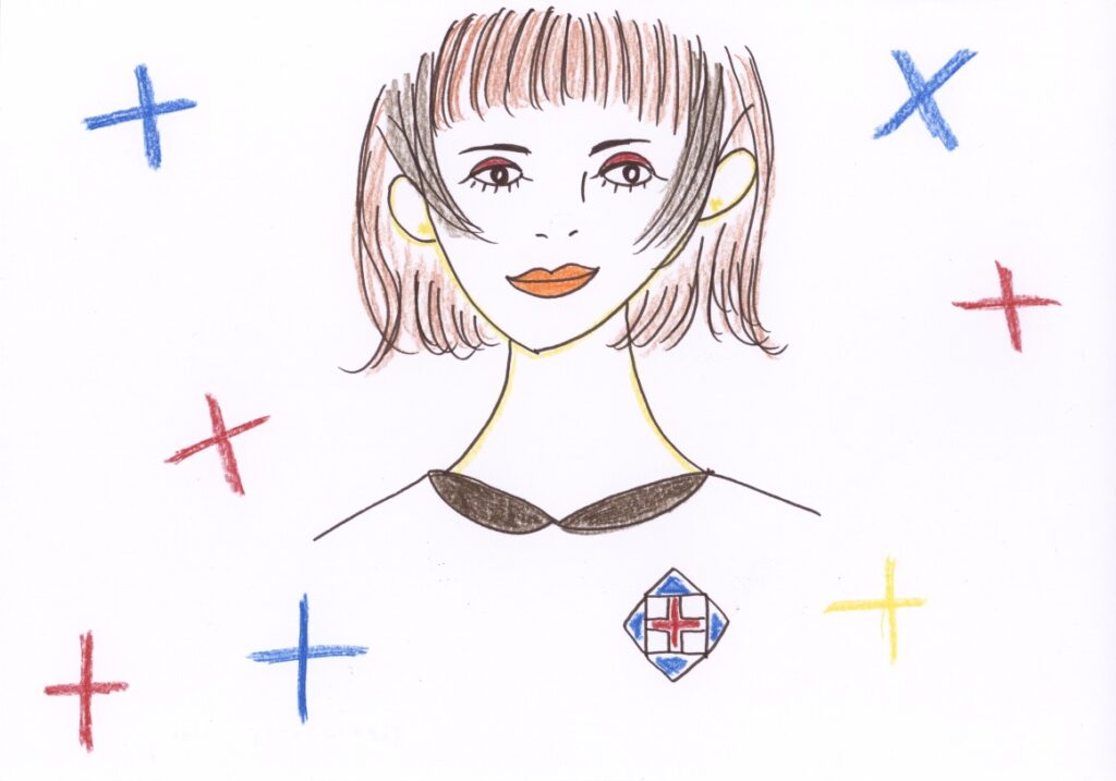 青と赤のブローチの女の子