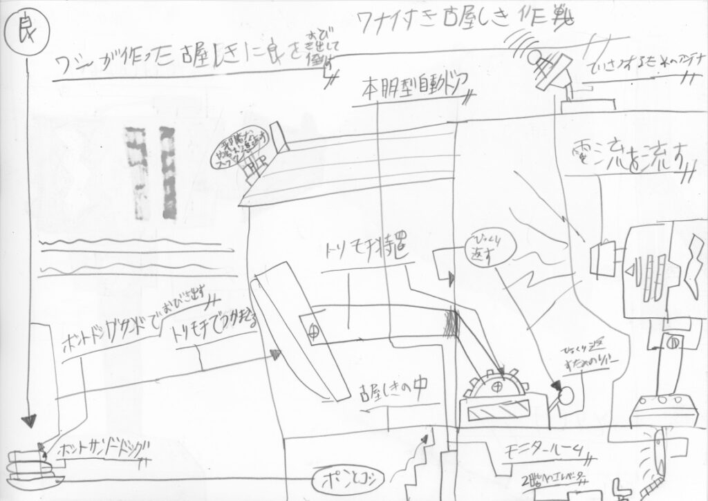 ワシが作った古屋しきに良をおびきよせて倒す　ワナ付き古屋しき作戦