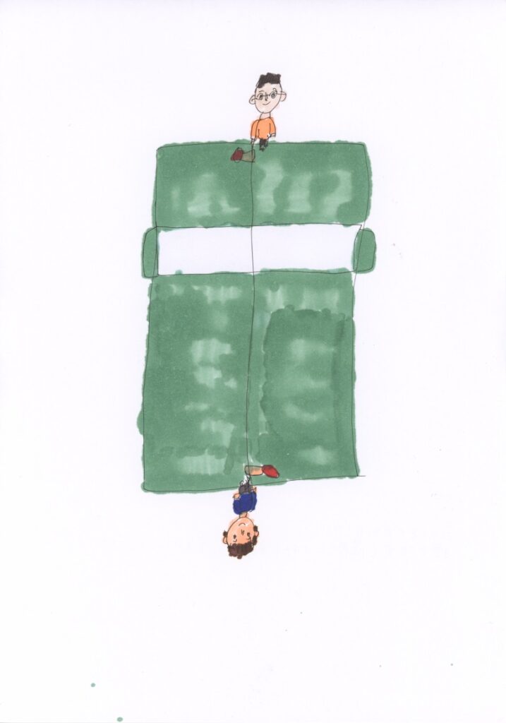 藤原さんと私が卓球をしているシーン