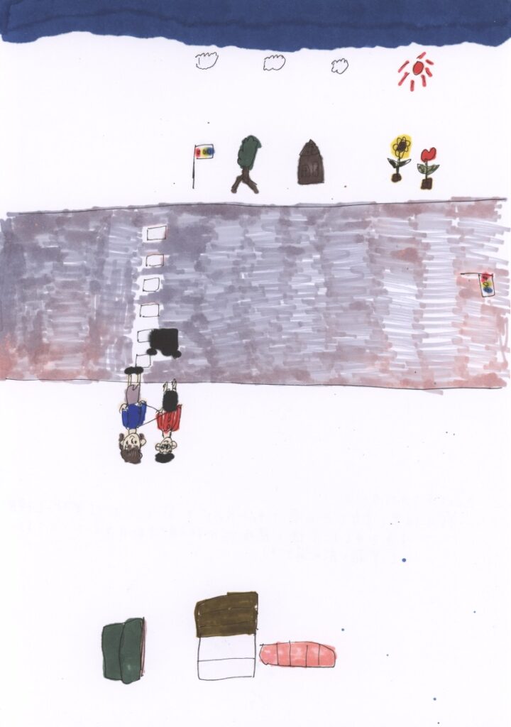 青空と向日葵とチューリップと家と木信号機と横断歩道と車と信号機と藤原さんが私の肩と手助けしてくれるシーンと筆箱と箱