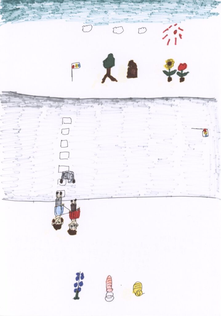 晴天と向日葵とチューリップと家と木と信号機と横断歩道と車と信号機と藤原さんが私の肩と手助けしてくれるシーンと葡萄とソフトクリームと蜂蜜