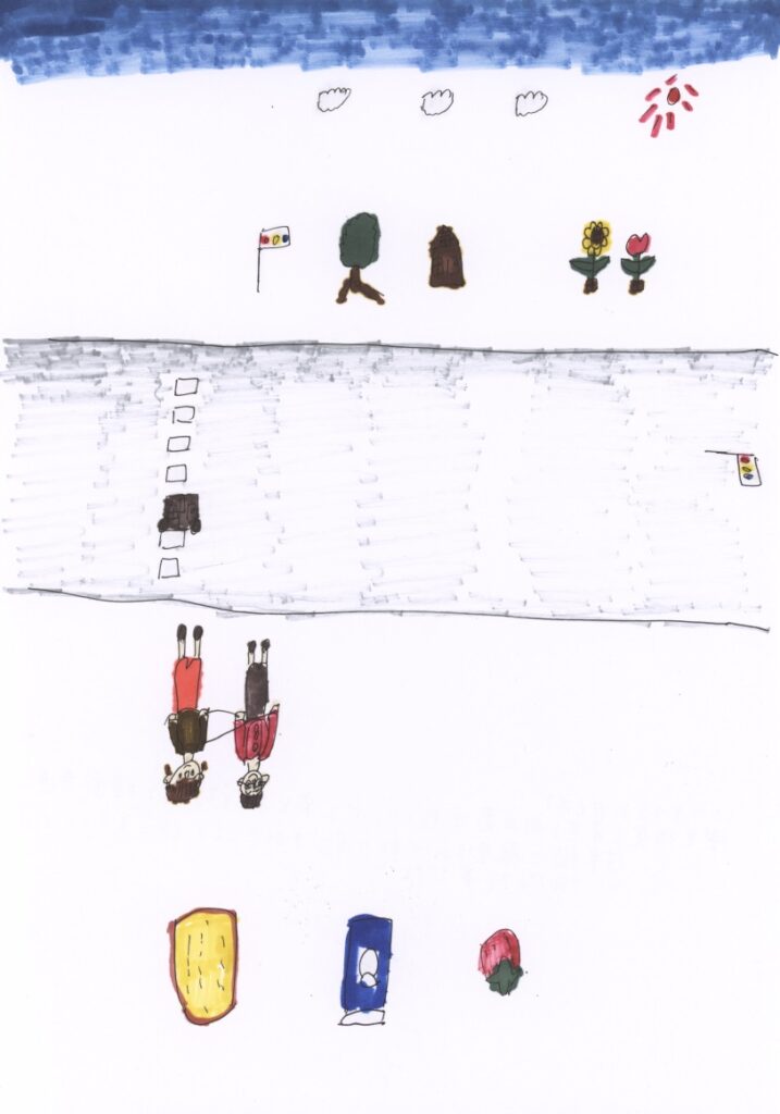 青空と向日葵とチューリップと家と木と信号機と横断歩道と信号機と藤原さんが私の肩と手助けしてくれるシーンと食パンと牛乳パックと苺