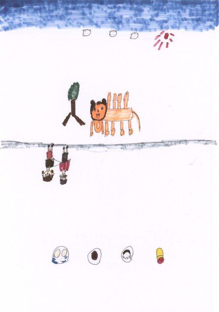 青空と木とライオンと地面と藤原さんが私の肩と手助けしてくれるシーンとホットケーキとハンバーグと餃子とマヨネーズ