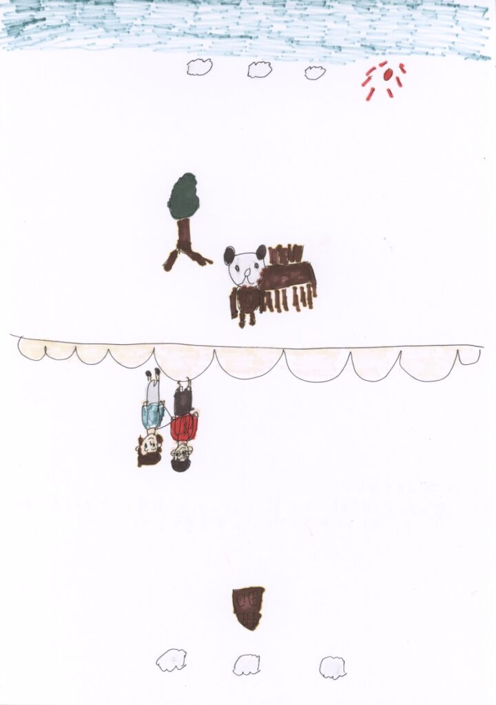 快晴と木と熊とパーティと藤原さんが私の肩と手助けしてくれるシーンと家と曇り