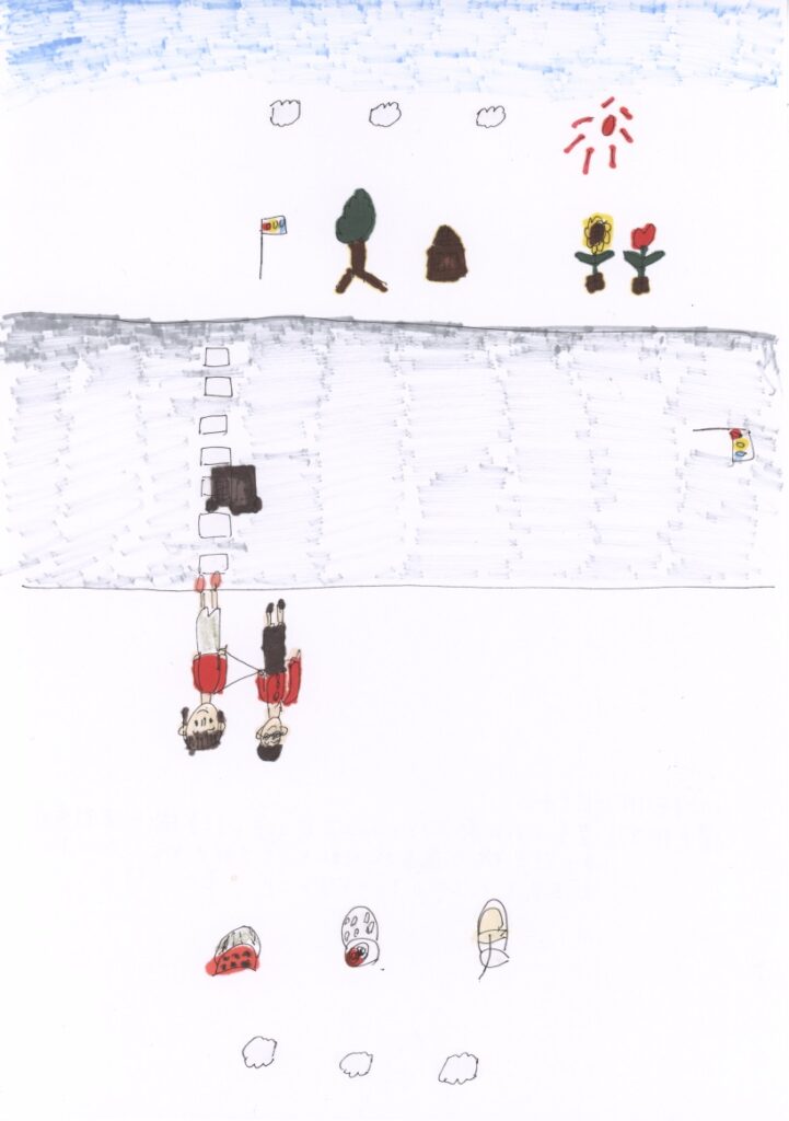 青空と向日葵とチューリップと家と木と信号機と横断歩道と車と信号機と藤原さんが私の肩と手助けしてくれるシーンと西瓜とかき氷とオレンジジュースと曇り