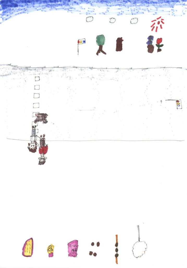 青空と朝顔とチューリップと家と木と信号機と横断歩道と車と信号機と藤原さんが私の肩と手助けしてくれてるシーンと食パンとプリンととろけるチーズとミートボールとみたらし団子と綿飴