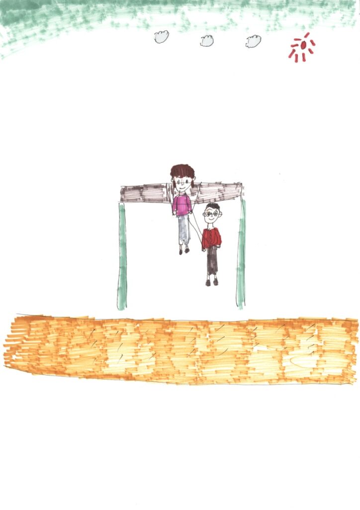 快晴と鷹合公園で藤原さんが私の足を支えて手助けしてくれるシーンと運動場の所