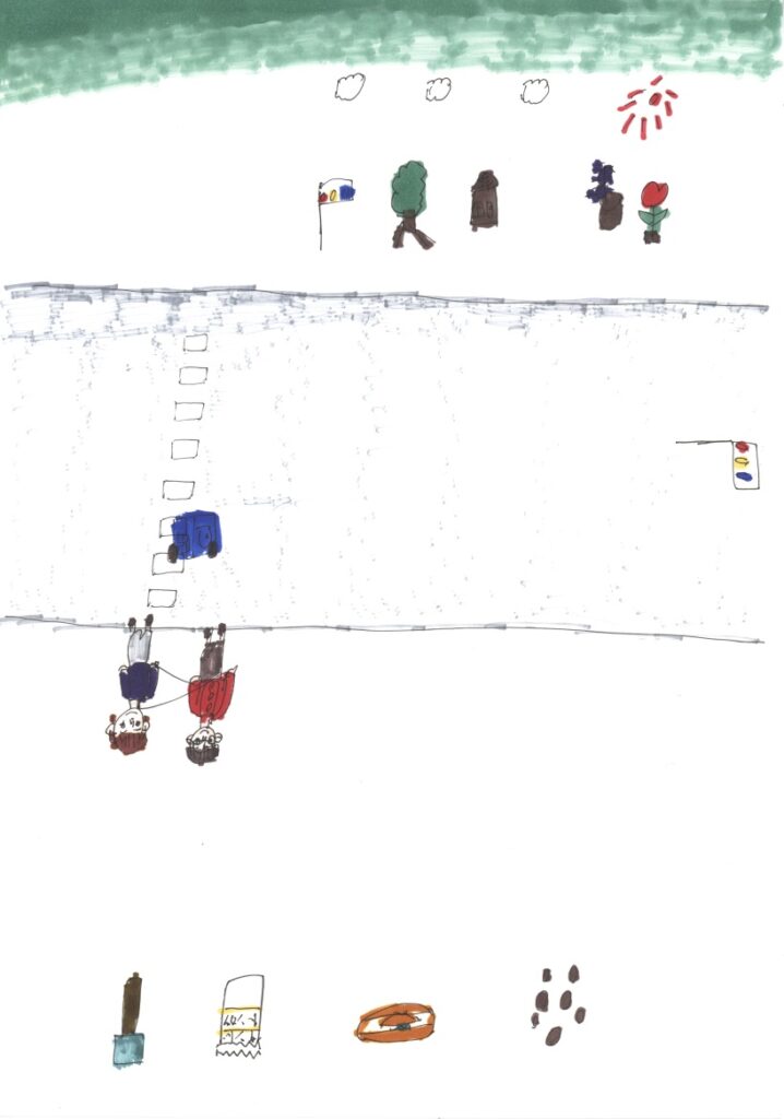 快晴と朝顔とチューリップと家と木と信号機と横断歩道と車と信号機と藤原さんが私の肩と手助けしてくれてるシーンとアイスクリームとトンカツサンドとフランクエッグとカステラ