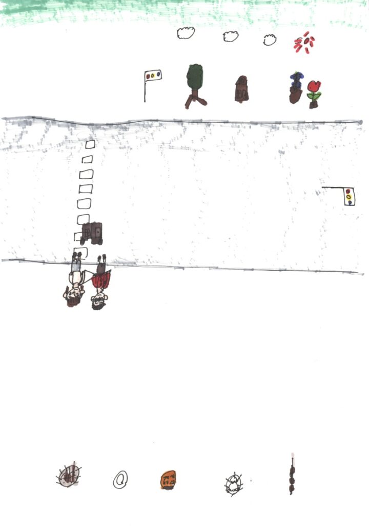 晴天と朝顔とチューリップと家と木と信号機と横断歩道と車と信号機と藤原さんが私の肩と手助けしてくれてるシーンと焼きそばと肉まんとバニラサンドと餃子ときび団子