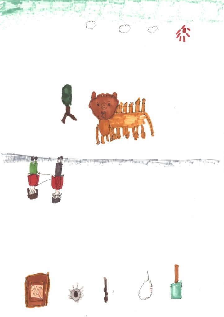 快晴と木とライオンと地面と藤原さんが私の肩と手助けしてくれてるシーンとサンドイッチとハンバーグと団子と綿菓子とアイスクリーム