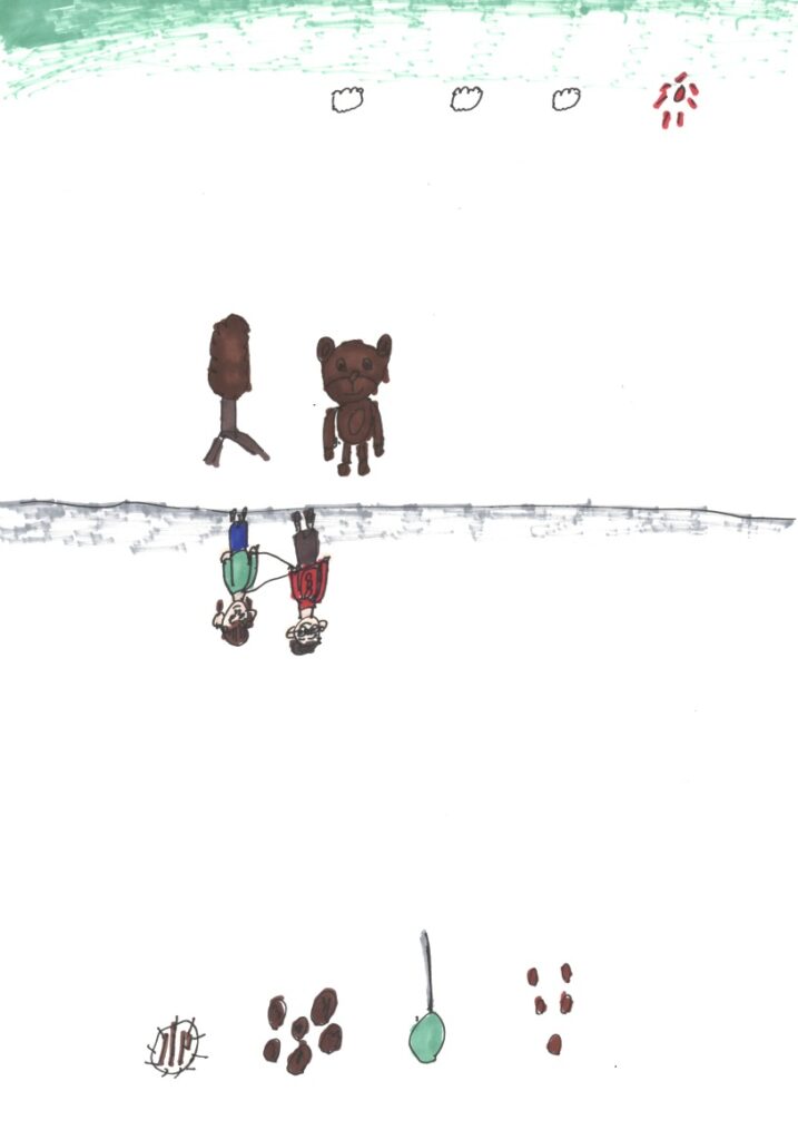 快晴と木とアライグマと地面と藤原さんが私の肩と手助けしてくれてるシーンと焼きそばとたこ焼きと風船とカステラ