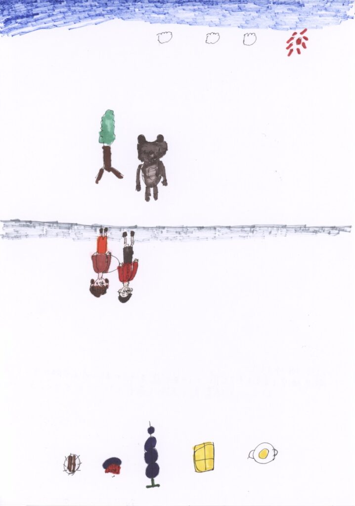 青空と木とヒグマと地面と藤原さんが私の肩と手助けしてくれてるシーンと焼きそばと西瓜と葡萄とキャラメルとコーンスープ