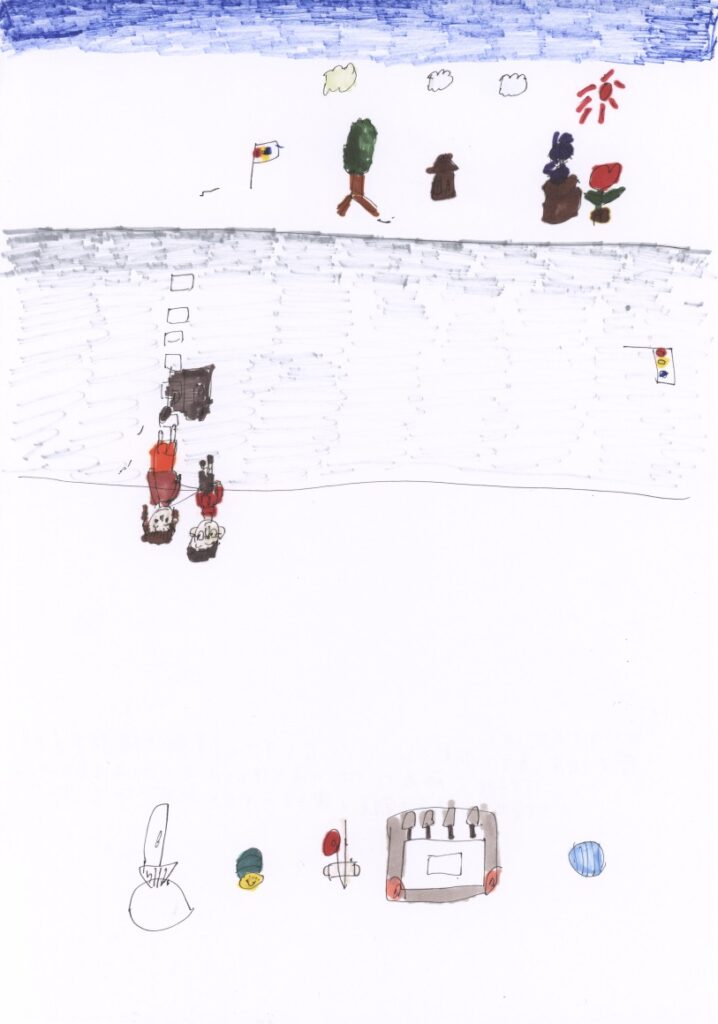 青空と朝顔とチューリップと家と木と信号機と横断歩道と車と信号機と藤原さんが私の肩と手助けしてくれてるシーンと内輪としゃぼん玉と電子オルガンと紙ボール