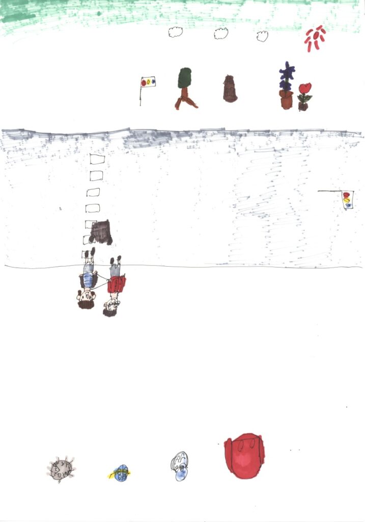 晴天と朝顔とチューリップと家と木と信号機と横断歩道と車と信号機と藤原さんが私の肩と手助けしてくれてるシーンと時計と地球と水筒とランドセル