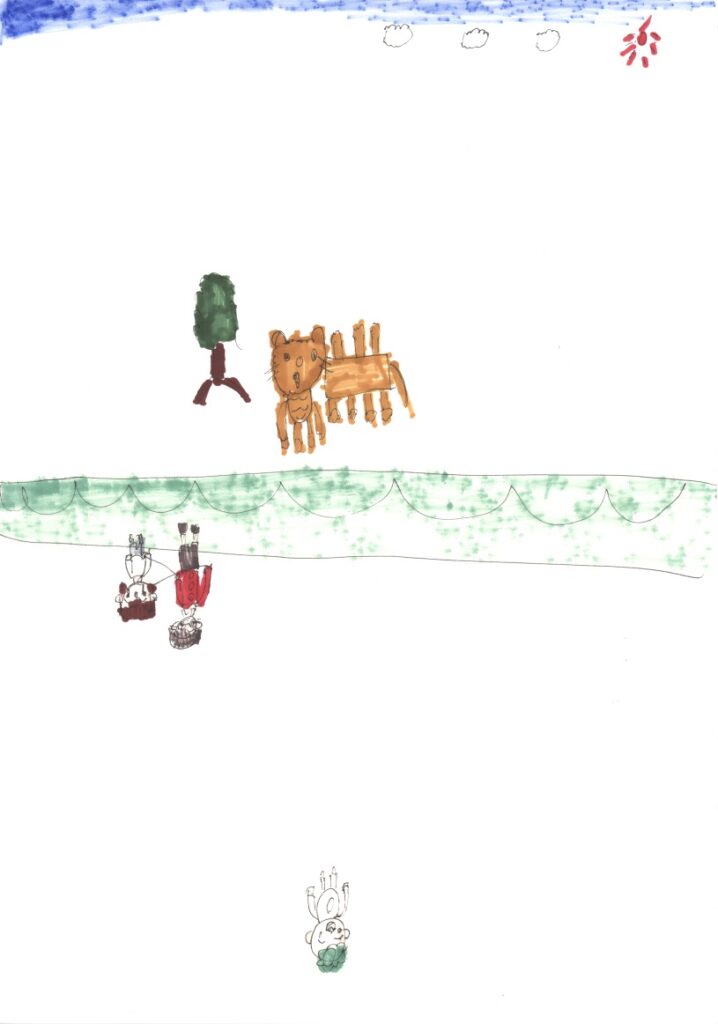 青空と木とライオンとパーティと藤原さんが私の肩と手助けしてくれてるシーンと河童