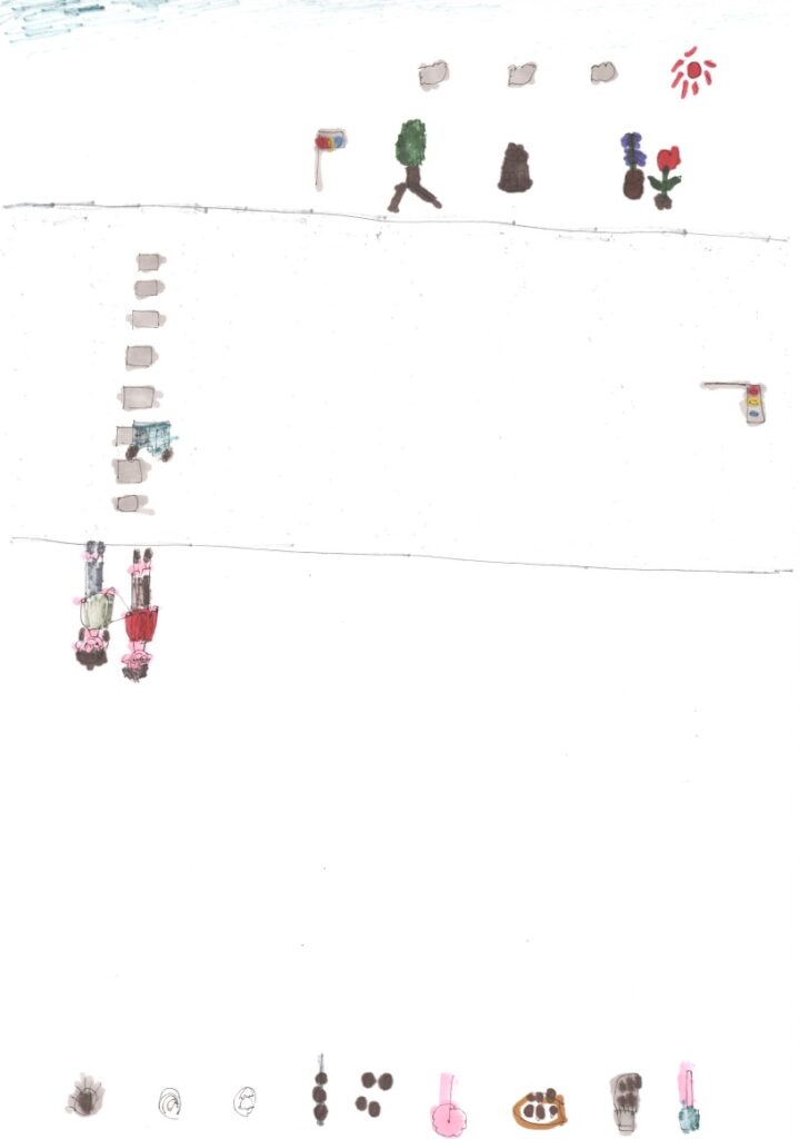 快晴と朝顔とチューリップと家と木と信号機と横断歩道と車と藤原さんが私の肩と手助けしてくれてるシーンと焼きそばと肉まんと餃子とみたらし団子とミートボールとわた飴とたこ焼きと納豆とアイスクリーム