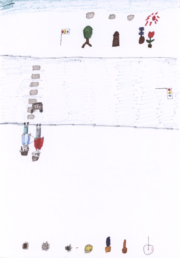 快晴と朝顔とチューリップと家と木と信号機と横断歩道と信号機と藤原さんが私の肩と手助けしてくれてるシーンと焼きそばと餃子と卵焼きとピーマン