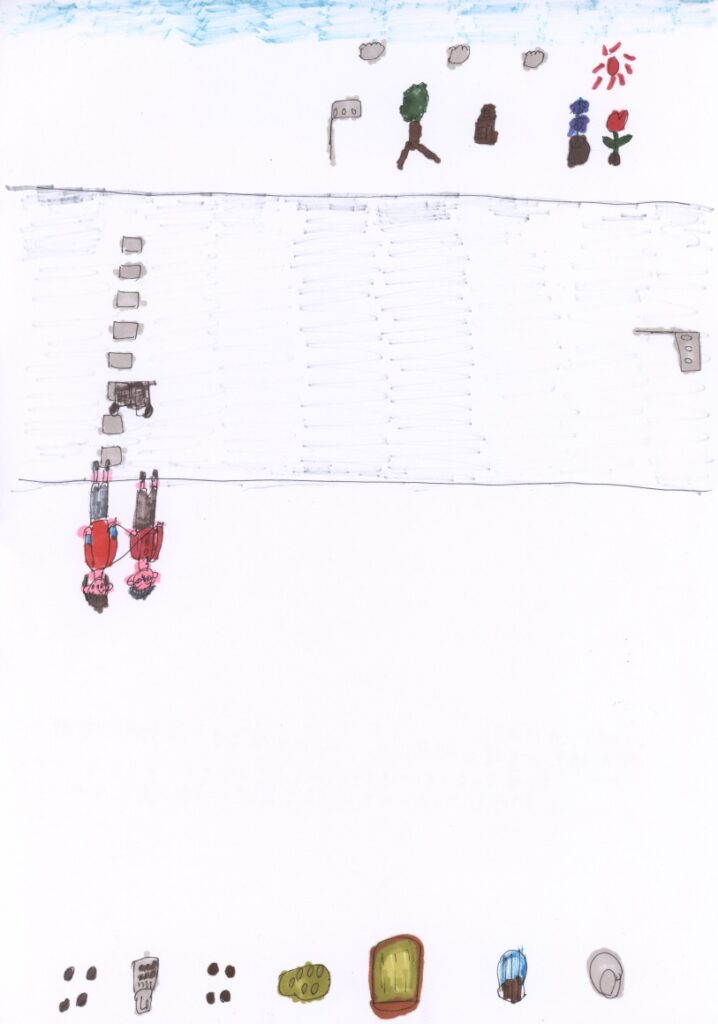 快晴と朝顔とチューリップと家と木と信号機と横断歩道と朝顔と藤原さんが私の肩と手助けしてくれてるシーンとミートボールと納豆とたこ焼きと椀子そばと肉まん