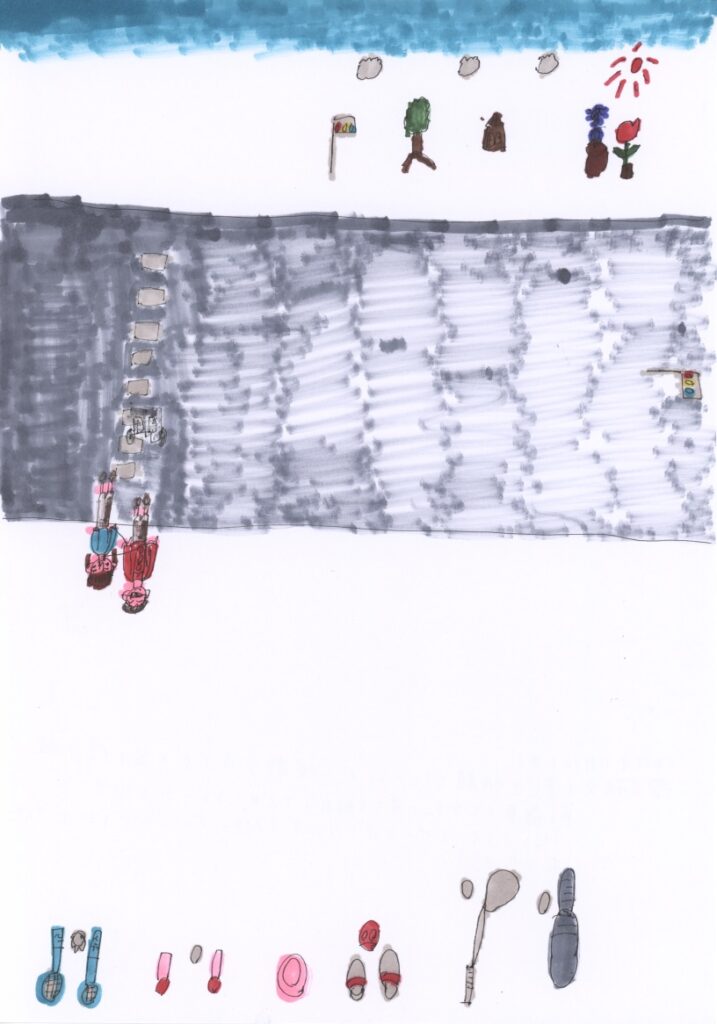 青空と朝顔とチューリップと横断歩道と木と家と信号機と車と藤原さんが私の肩と手助けしてくれてるシーンとバドミントンとラケットとフリスビーとボーリングとパターゴルフとバットとキャッチボール