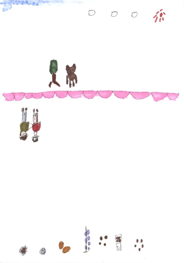 青空と木と狸とパーティと藤原さんが私の肩と手助けしてくれてるシーンと焼きそばと餃子とじゃが芋と葡萄とミートボールと納豆とカステラ