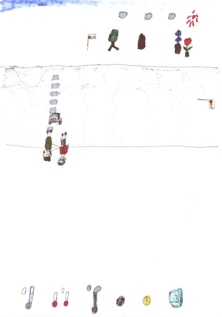 青空と朝顔とチューリップと家と木と信号機と横断歩道と車と藤原さんが私の肩と手助けしてくれてるシーンとバドミントンとラケットとゴルフとサッカーとバレーボールとビート板