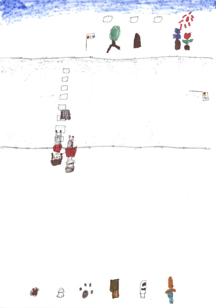 青空と朝顔とチューリップと家と木と信号機と横断歩道と藤原さんが私の肩と手助けしてくれてるシーンと焼きそばと黒豆と月見団子と納豆とバニラアイスクリーム