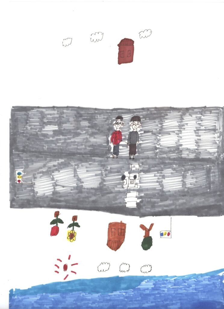 青空と家と木とチューリップと横断歩道と信号機と藤原さんと私と車と家と雲