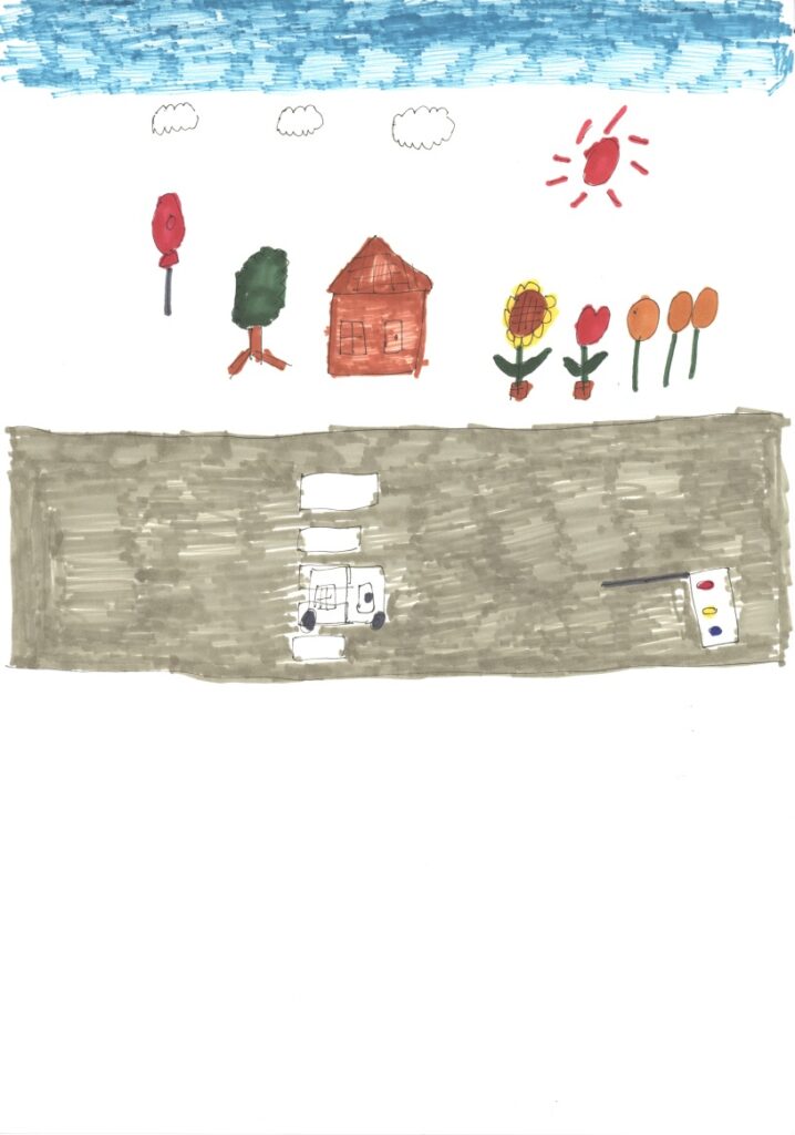 青空と雲と晴れと風船と木と家と向日葵とチューリップと土筆と地面と横断歩道と車と信号機