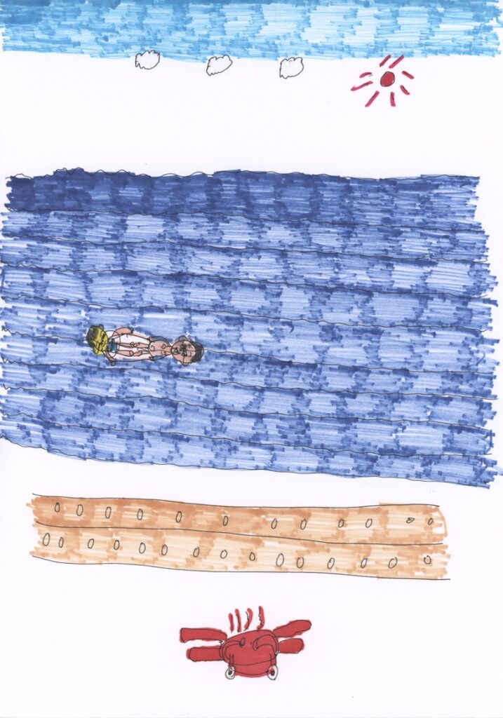 青空と海と私が溺れてるシーンと藤原さんが引っ張って力を貸してくれるシーンと砂浜と蟹