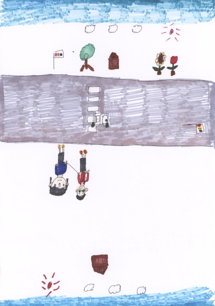 青空と向日葵とチューリップと家と木と横断歩道と車と信号機と藤原さんと私と家と快晴