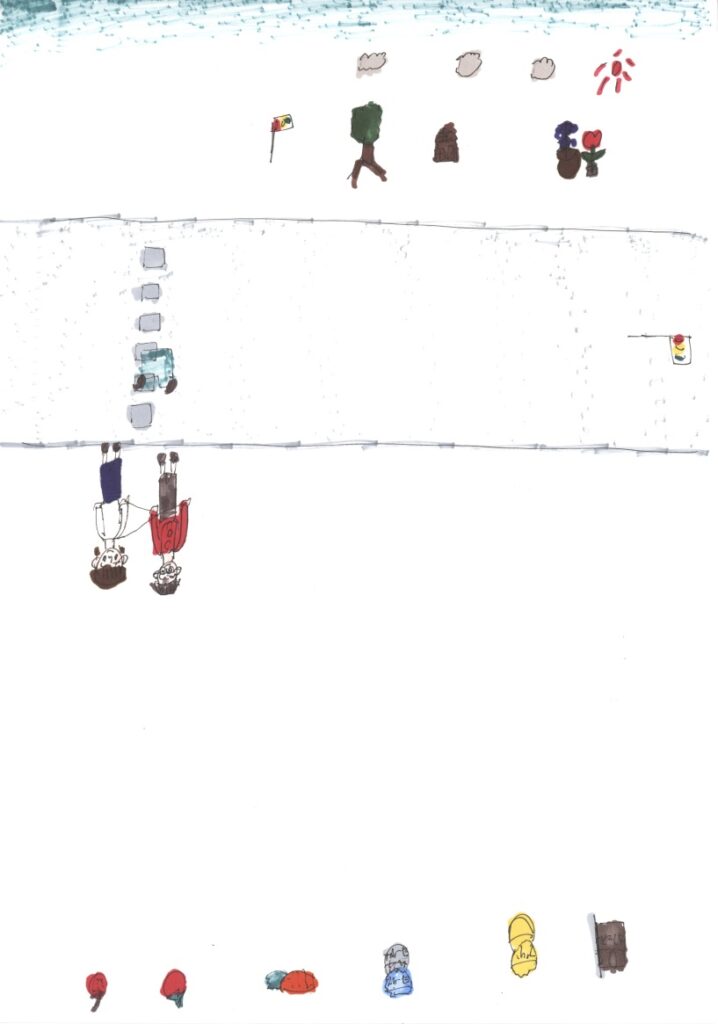 快晴と朝顔とチューリップと家と木と信号機と車と藤原さんが私の肩と手助けしてくれてるシーンと林檎と苺と人参とヨーグルトとプッチンプリンとカフェオレ