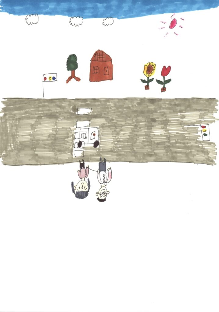 青空と木と家と向日葵とチューリップと信号機と横断歩道と車と藤原さんと私と信号機