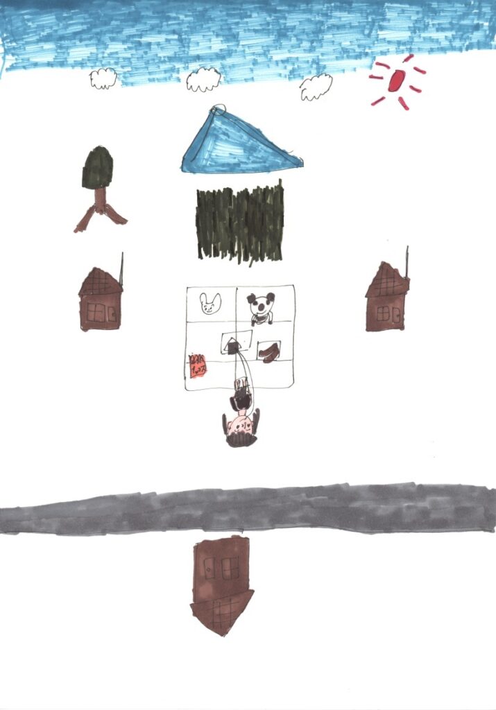 青空と富士山と木と草と家と遠足と敷物と弁当とウィンナーとおにぎりとポテトチップスと私とお箸と地面と建物