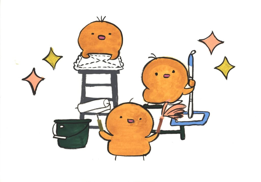 そうじをするヒヨコ