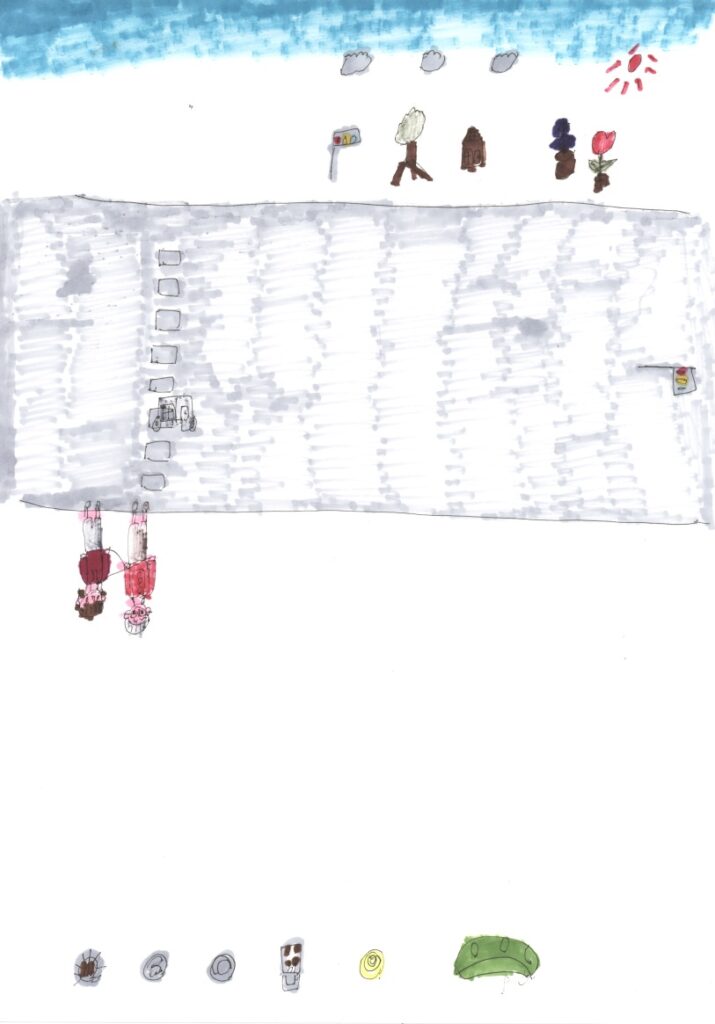 青空と朝顔とチューリップと家と木と信号機と横断歩道と車と藤原さんが私の肩と手助けしてくれてるシーンと焼きそばと餃子と肉まんと納豆とクーヘンとメロン