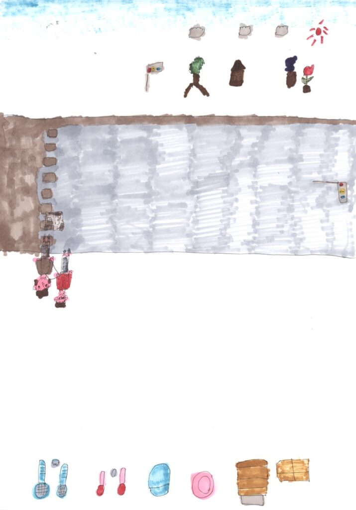 青空と朝顔とチューリップと家と木と信号機と横断歩道と車と藤原さんが私の肩と手助けしてくれてるシーンとバドミントンとラケットとビート板とフリスビーと跳び箱