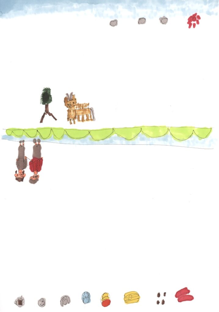 青空と木とカモシカとパーティと藤原さんが私の肩と手助けしてくれてるシーンと焼きそばと餃子と肉まんと飴とプッチンプリンとマカロニグラタンとミートボールと赤ウィンナー