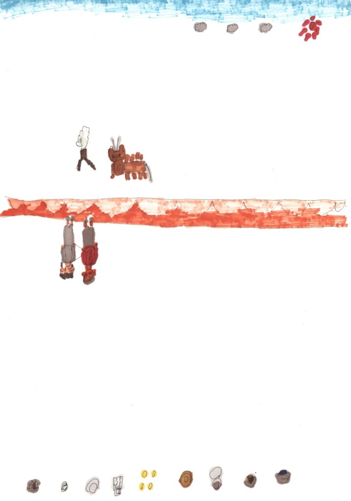 青空と木と二ホンジカと藤原さんが私の肩と手助けしてくれてるシーンと焼きそばと焼売と納豆栗きんとんとだて巻きと餅おにぎりとチーズハンバーグとカマボコ