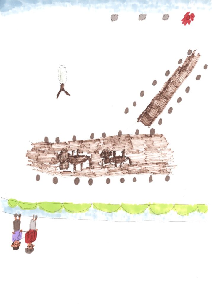 青空と木と滝とカワウソとパーティと藤原さんが私の手助けしてくれてるシーン