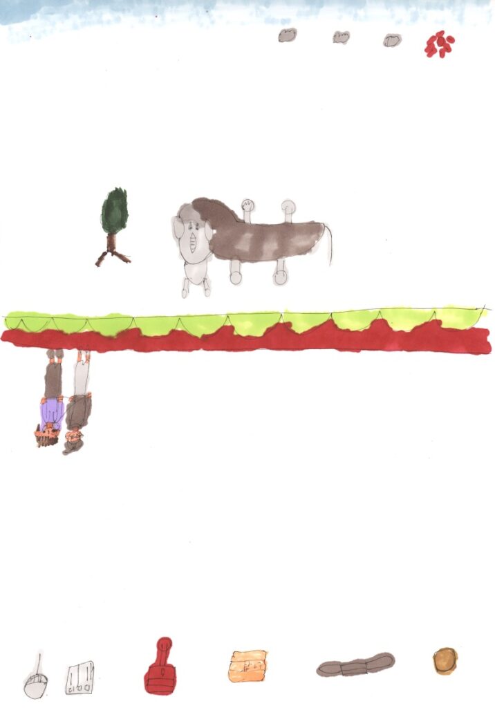 青空と木と象さんとパーティと田中さんが私の肩を手助けしてくれるシーンと団扇と年賀はがきとポストと切符とマスクと輪ゴム