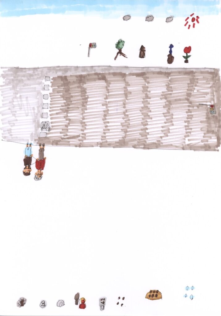 青空と朝顔とチューリップと家と木と信号機と横断歩道と車と藤原さんが私の肩と手助けしてくれてるシーンと焼きそばと餃子と肉まんとプッチンプリンとスプーンと納豆とミートボールとたこ焼きと飴