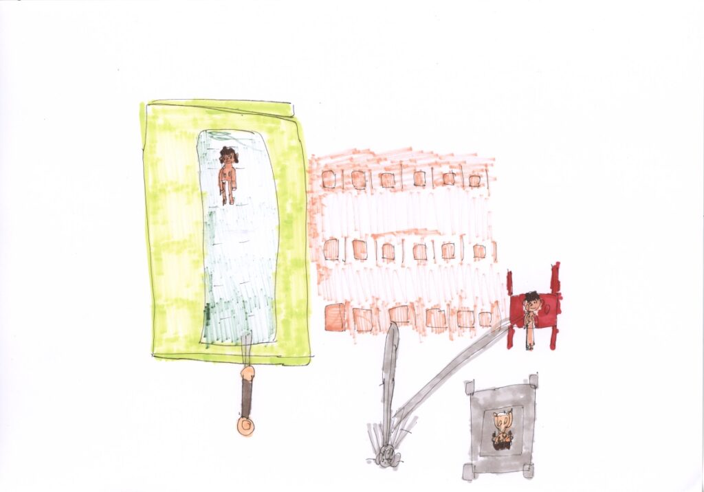 湯舟とシャワーと鏡と座椅子とじゅうたんと私がお風呂に入ってるシーン