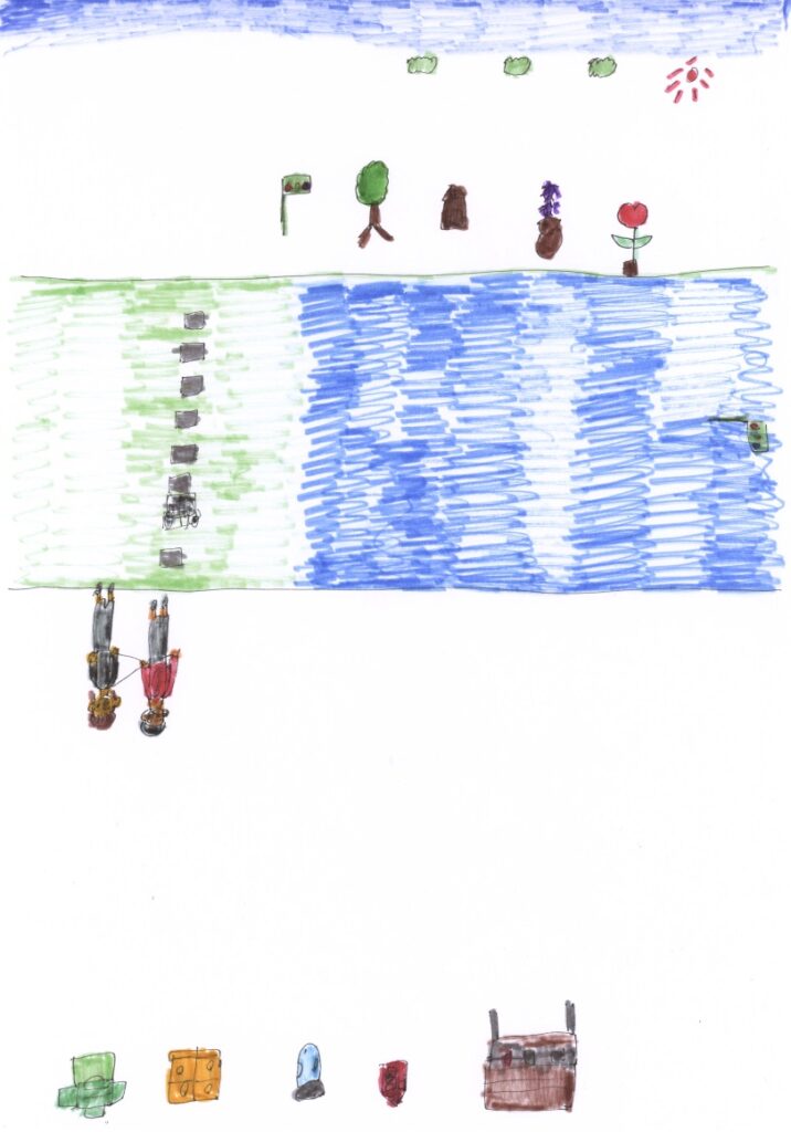 青空とチューリップと朝顔と家と木と信号機と横断歩道と藤原さんが私の肩と手助けしてくれてるシーンとブロックとピンクと積木とおもちゃとピアノ