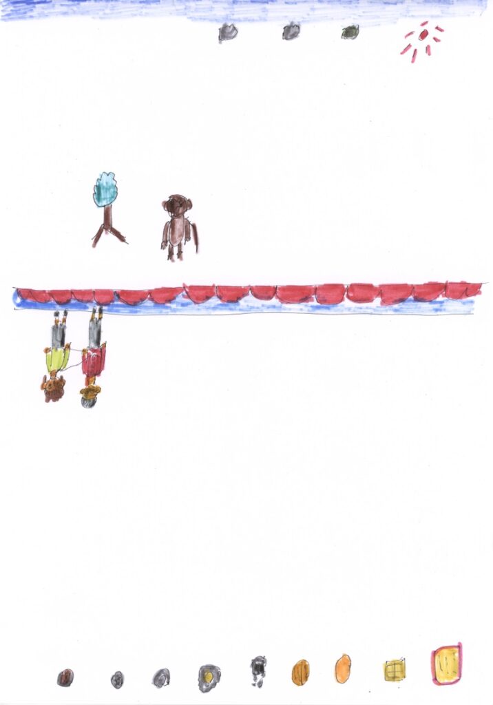 青空と木と猿とパーティと藤原さんが私の肩と手助けしてくれてるシーンと焼きそばと餃子と肉まんと卵焼きとおにぎりと煎餅とハッピーターンとチョコレートと食パン