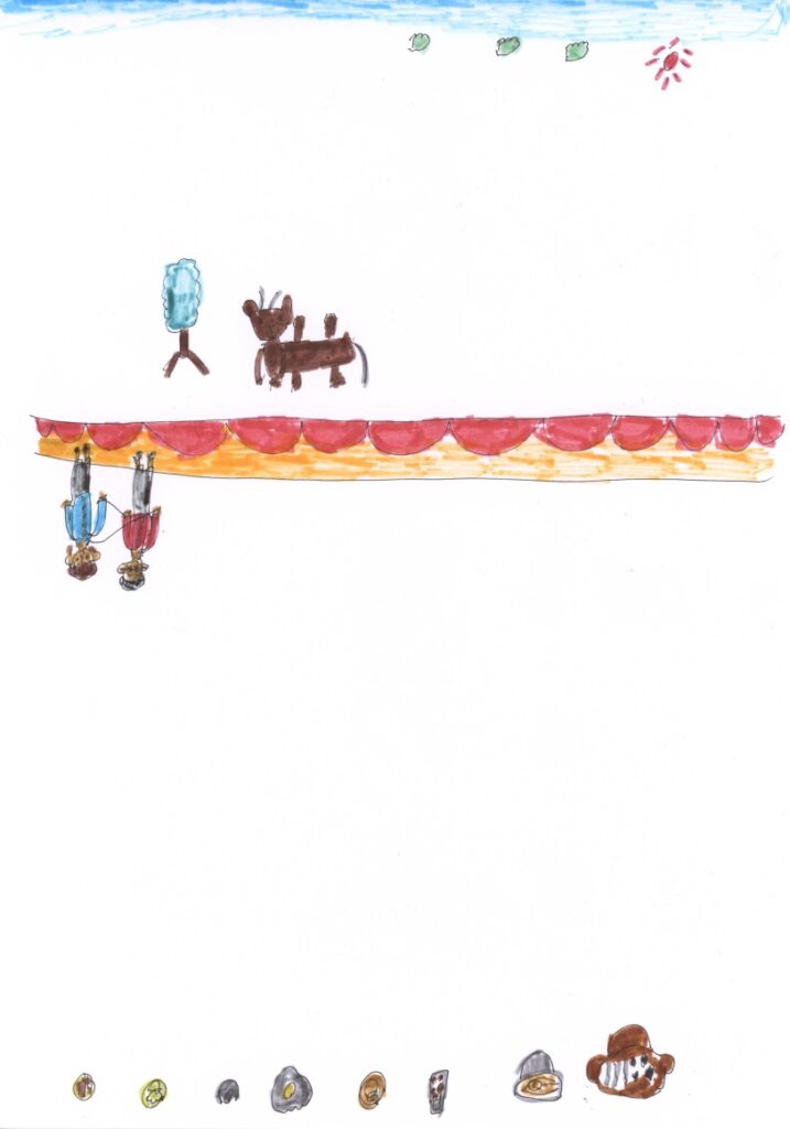 青空と木と鹿とパーティと藤原さんが私の肩と手助けしてくれてるシーンと焼きそばと餃子と肉まんと卵焼きとホットケーキと納豆とマカロニグラタンとしゃぶしゃぶ