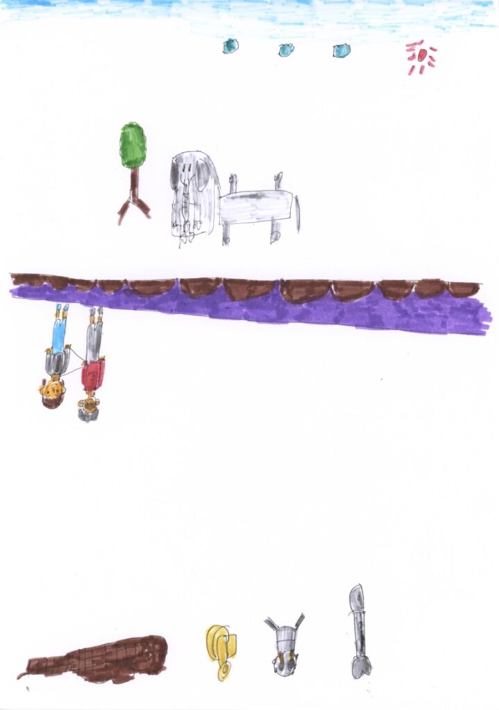 青空と木と象さんとパーティと藤原さんが私の肩と手助けしてくれてるシーンとバイオリンとティンパニーとリコーダー