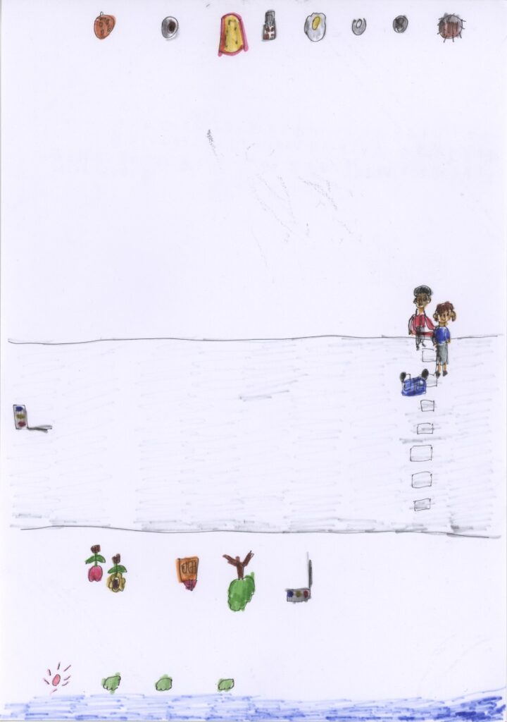 青空と向日葵とチューリップと家と木と信号機と横断歩道と車と藤原さんが私の肩を支えて手助けしてくれてるシーンと焼きそばと餃子と肉まんと目玉焼きと食パンとハンバーグとミートボール