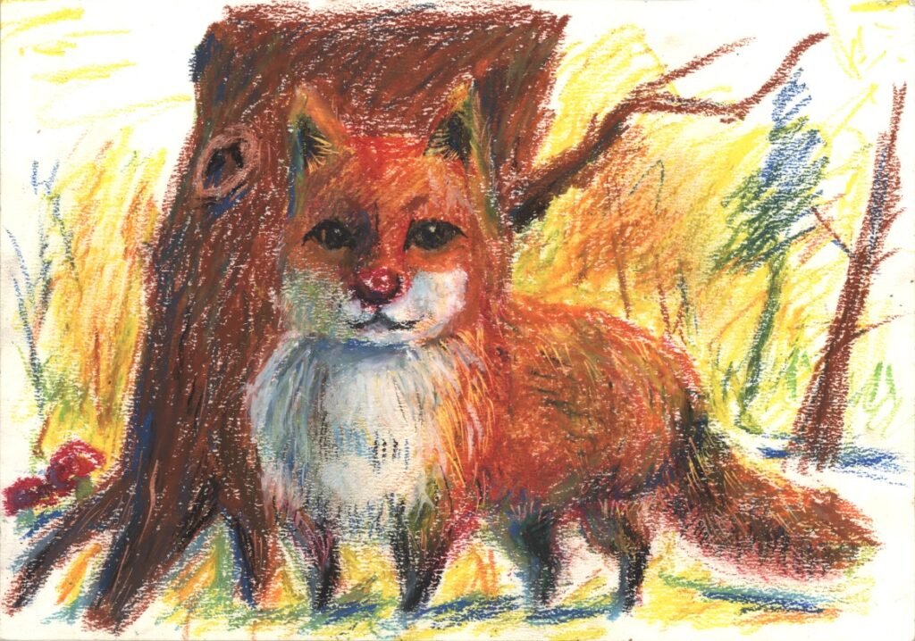 秋の味覚を堪能するふくよかなキツネ