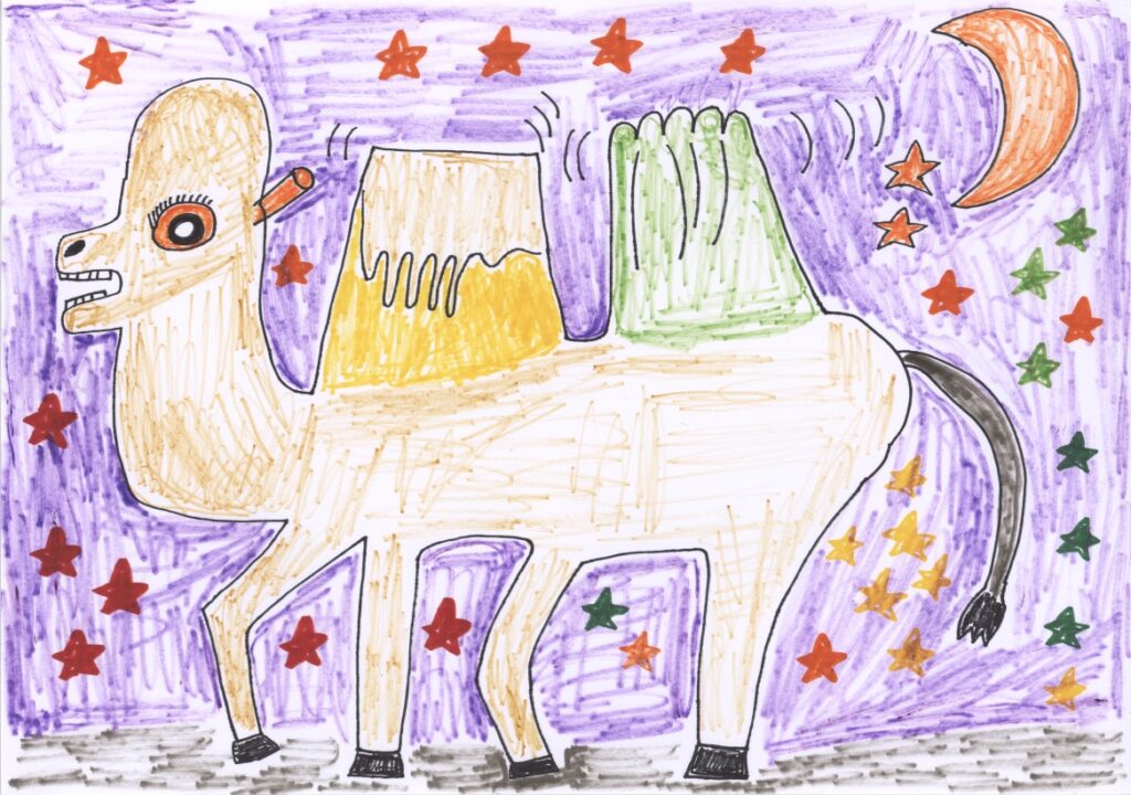 夜の砂漠を歩くゼリプリらくだ